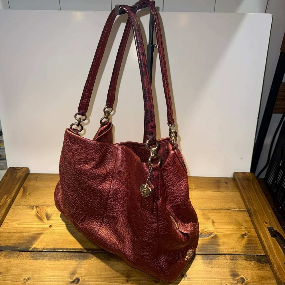 Coach Phoebe shoulder bag in Metallic Cherry leather snake skin embossed trim